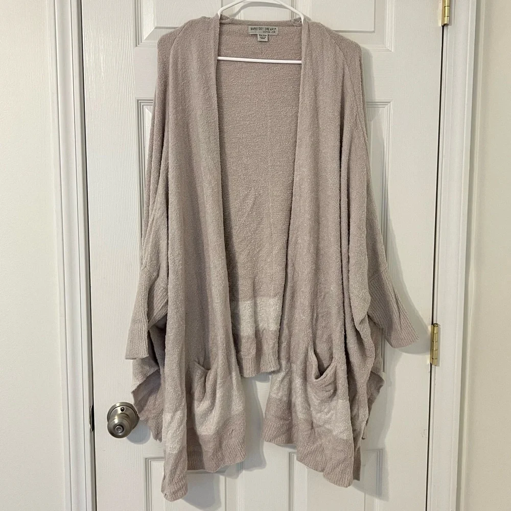 Barefoot Dreams Cozy Chic Lite Cardigan One Size Open Pockets Beige Cream Long - Picture 6 of 8